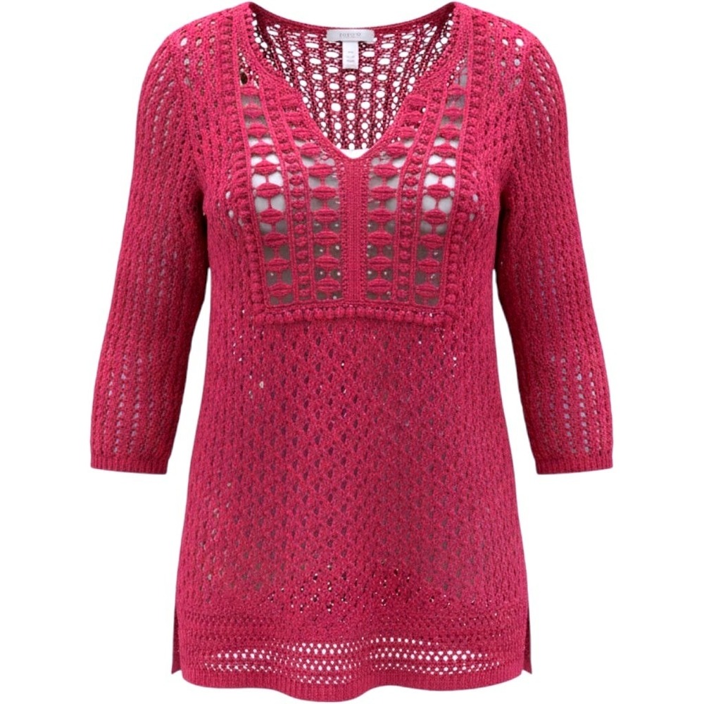 Chicos Pink Crochet Open Knit V-Neck Sweater Embroidered 3/4 Sleeve Size 2 L